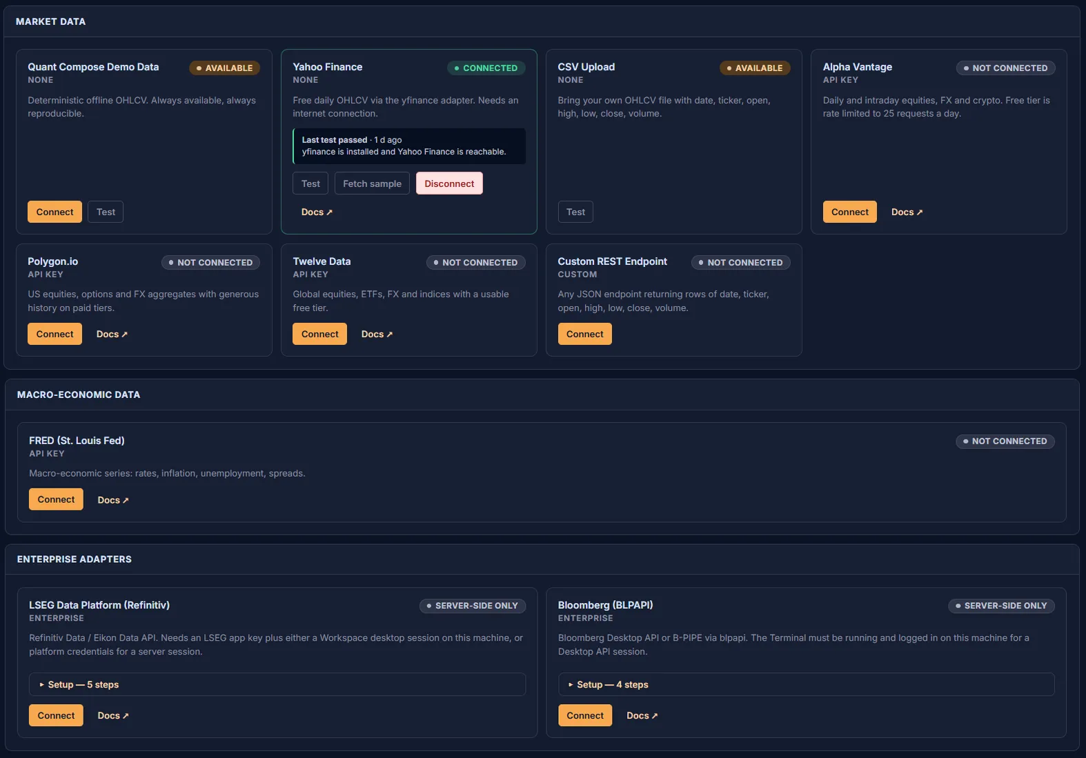 Provider cards for market data, macro data and enterprise adapters: Yahoo Finance connected, CSV upload available, API-key providers awaiting a key, LSEG and Bloomberg with setup steps.