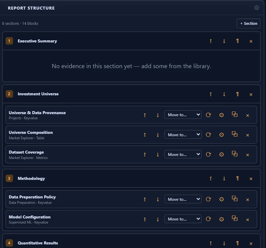 Report structure with numbered sections and blocks such as universe composition, data preparation policy and model configuration, each with move and refresh controls.