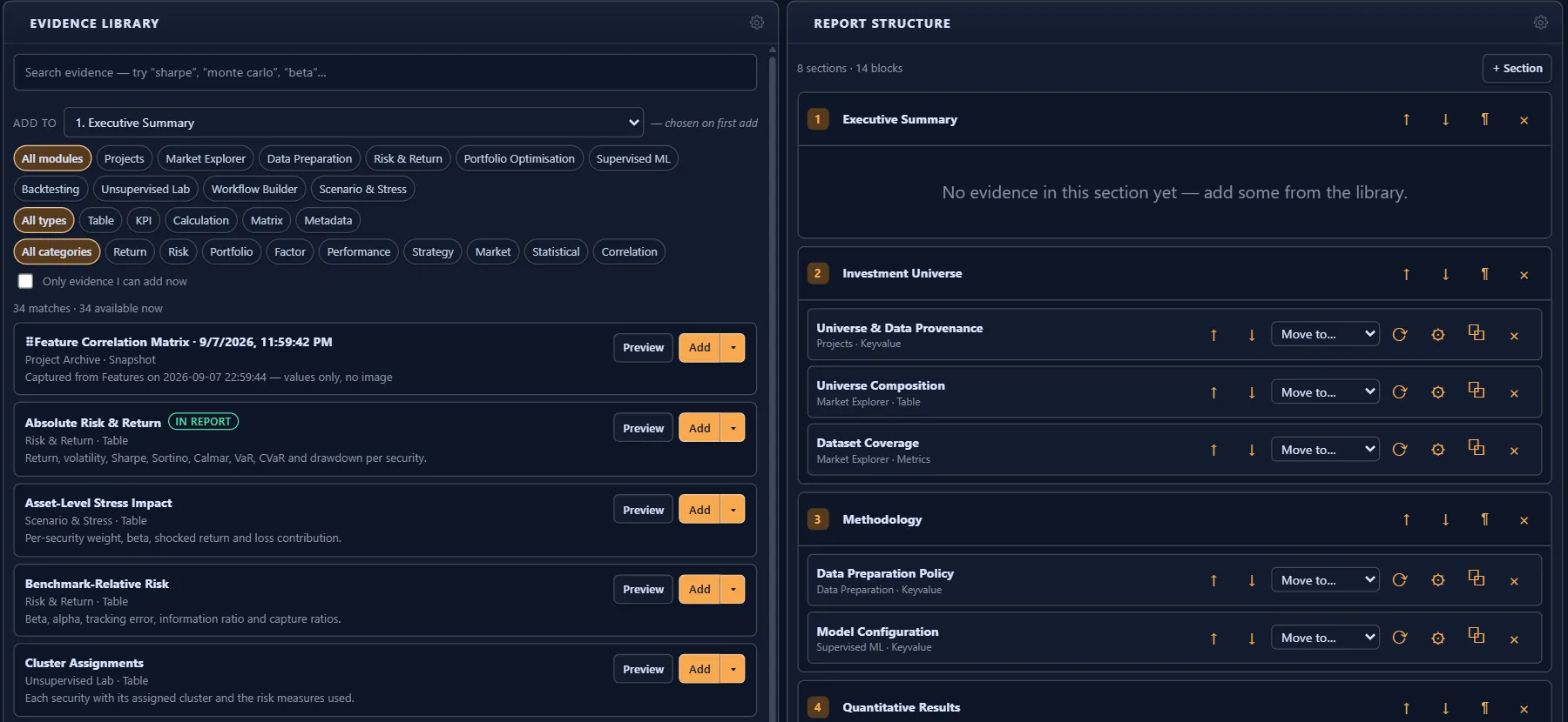Evidence library entries with preview and add buttons beside a report structure listing executive summary, investment universe, methodology and quantitative results sections.