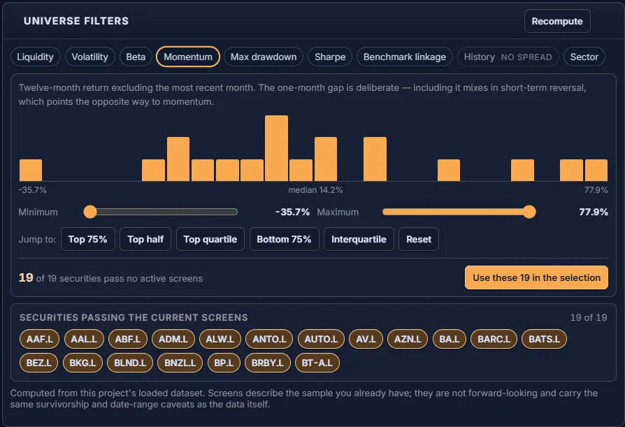 Universe filters panel with the momentum screen open, a histogram from −35.7% to 77.9%, range sliders and 19 of 19 securities passing.