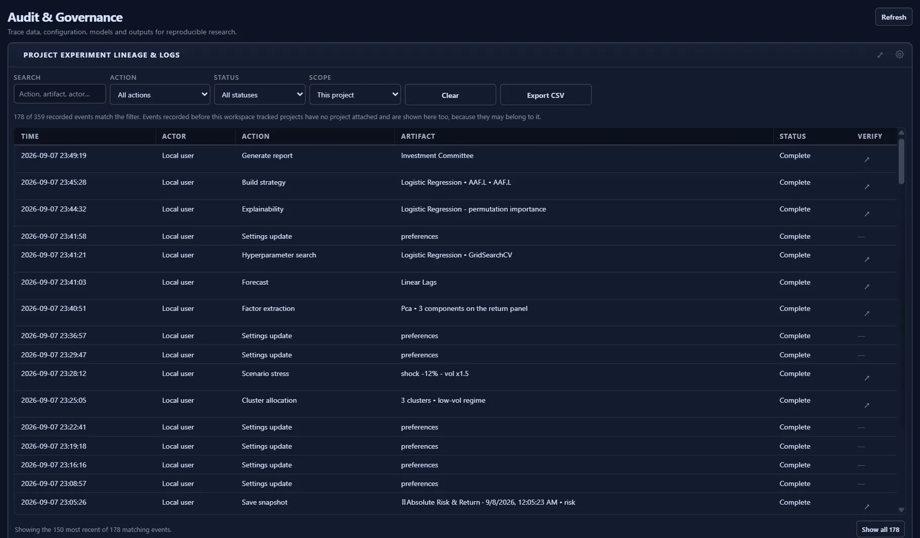 Audit and Governance page listing 178 recorded events for the project: report generation, strategy build, explainability, tuning, forecasting, stress and settings updates, each marked complete.