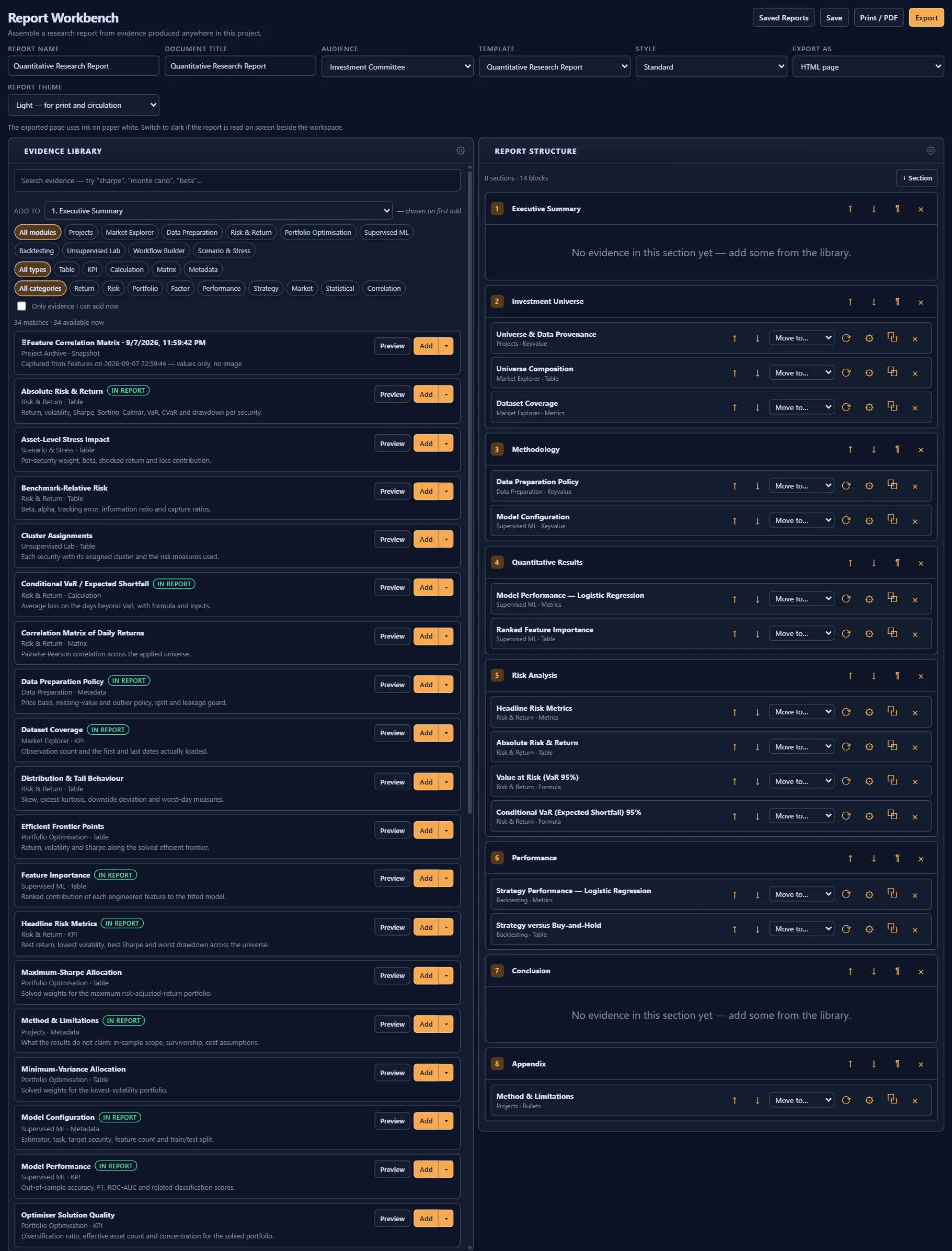 Full Report Workbench page: report settings, an evidence library with add buttons, and a report structure with sections for universe, methodology, results, risk, performance and appendix.