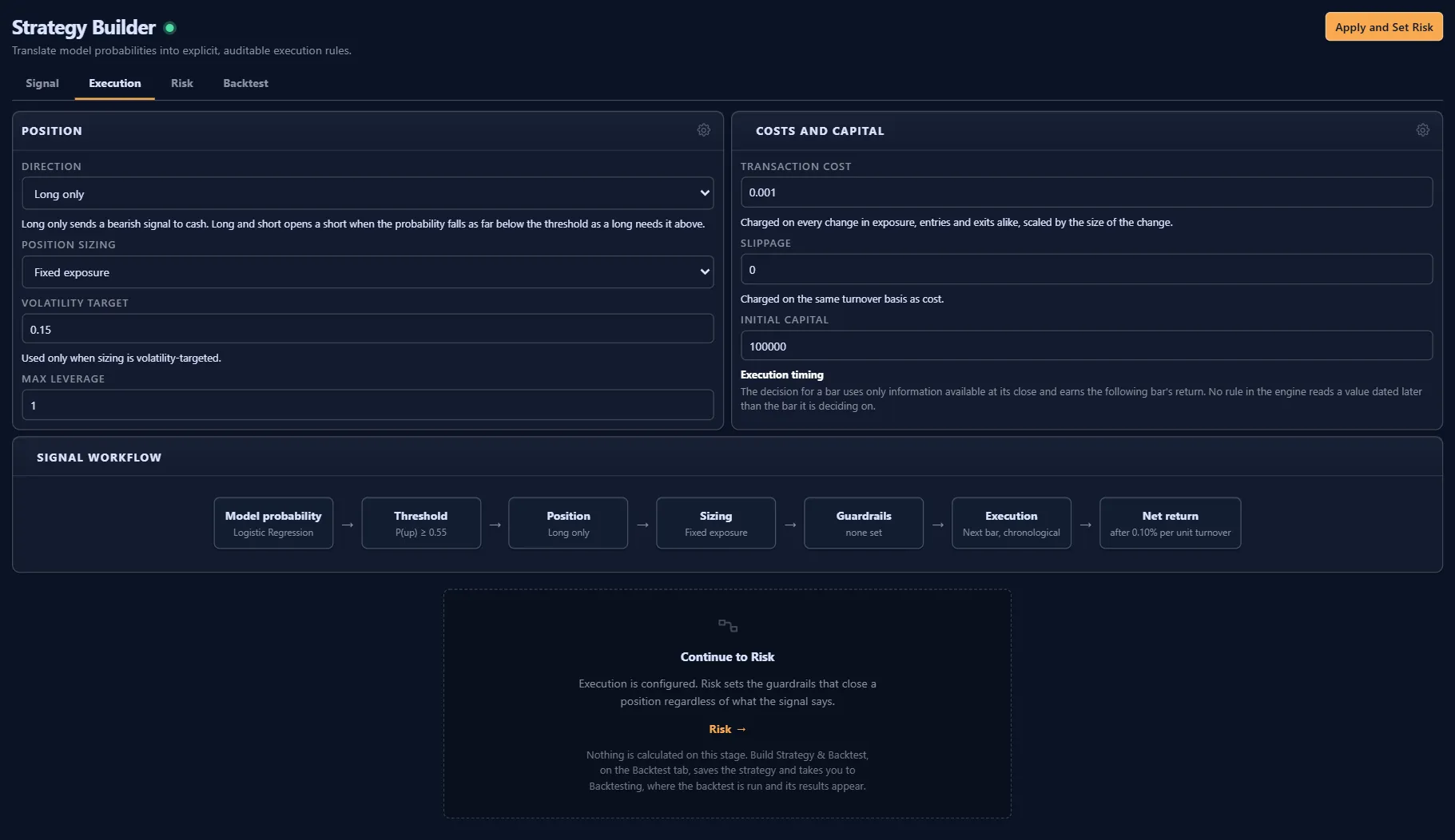 Strategy Builder execution tab showing long-only direction, fixed exposure sizing, a 0.001 transaction cost, zero slippage and 100,000 initial capital.