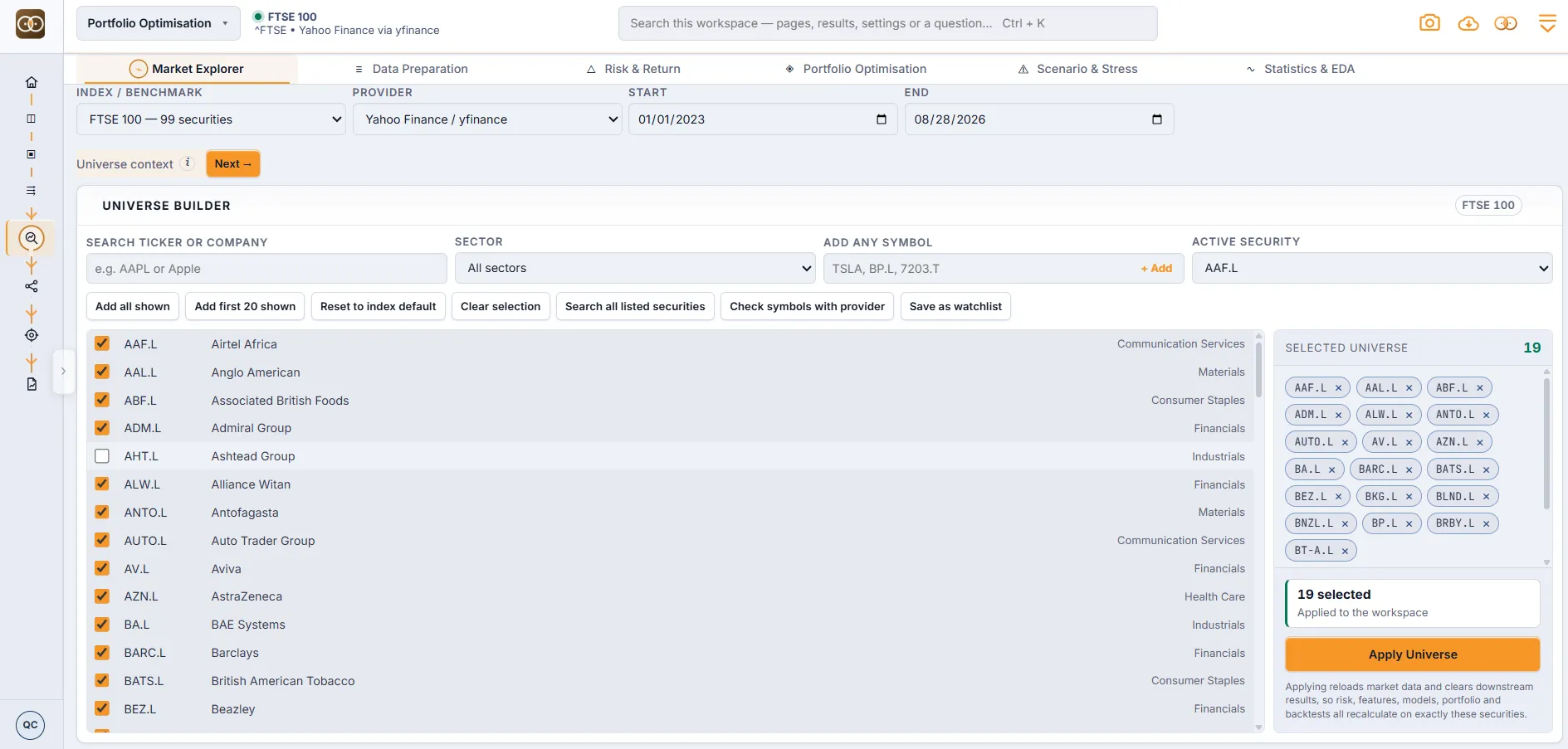 Market Explorer inside the workspace shell: project switcher, search, module tabs, universe builder with FTSE 100 constituents and a selected-universe panel showing 19 securities.