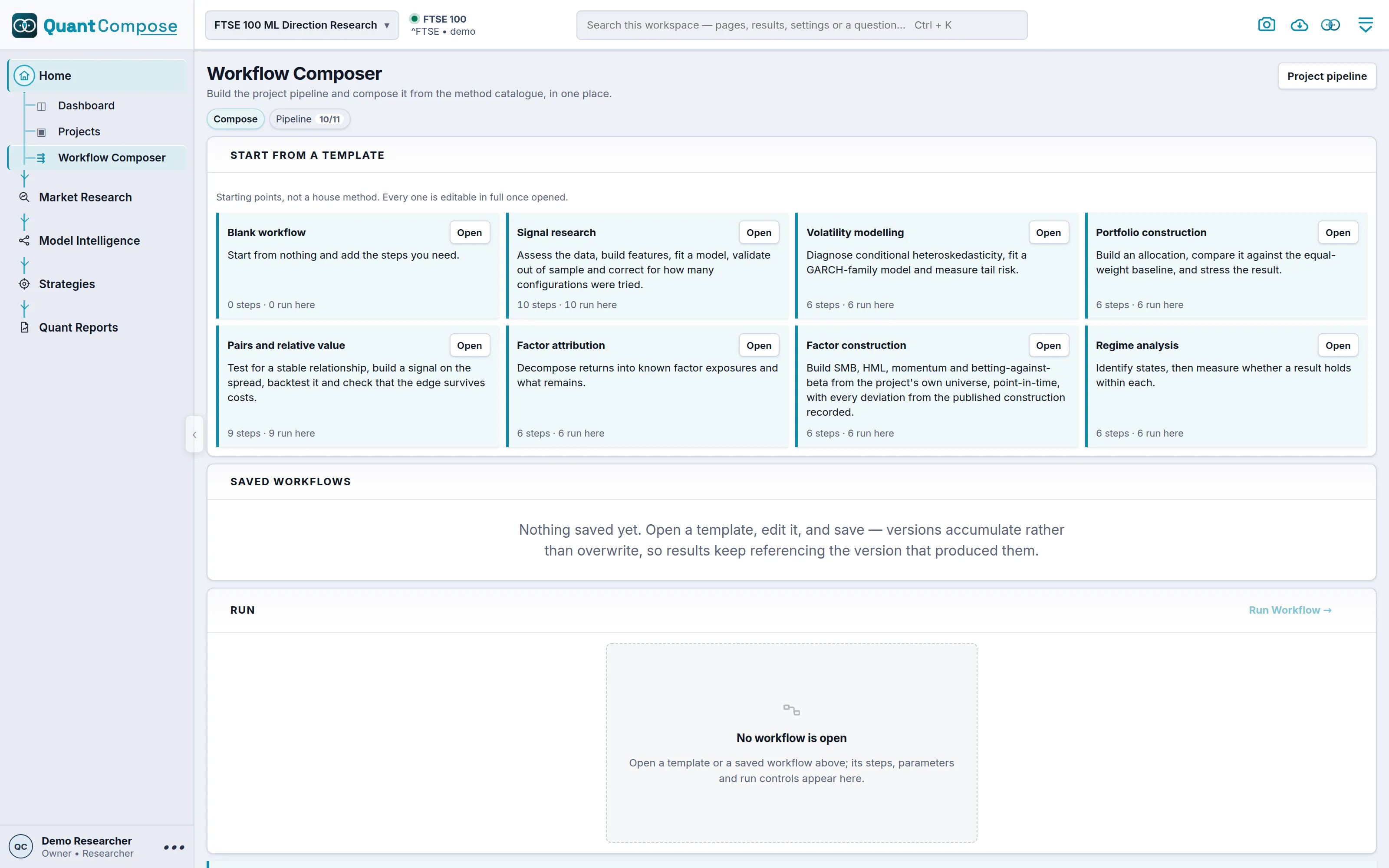 Workflow Composer page showing the template gallery, saved workflows and the run panel.