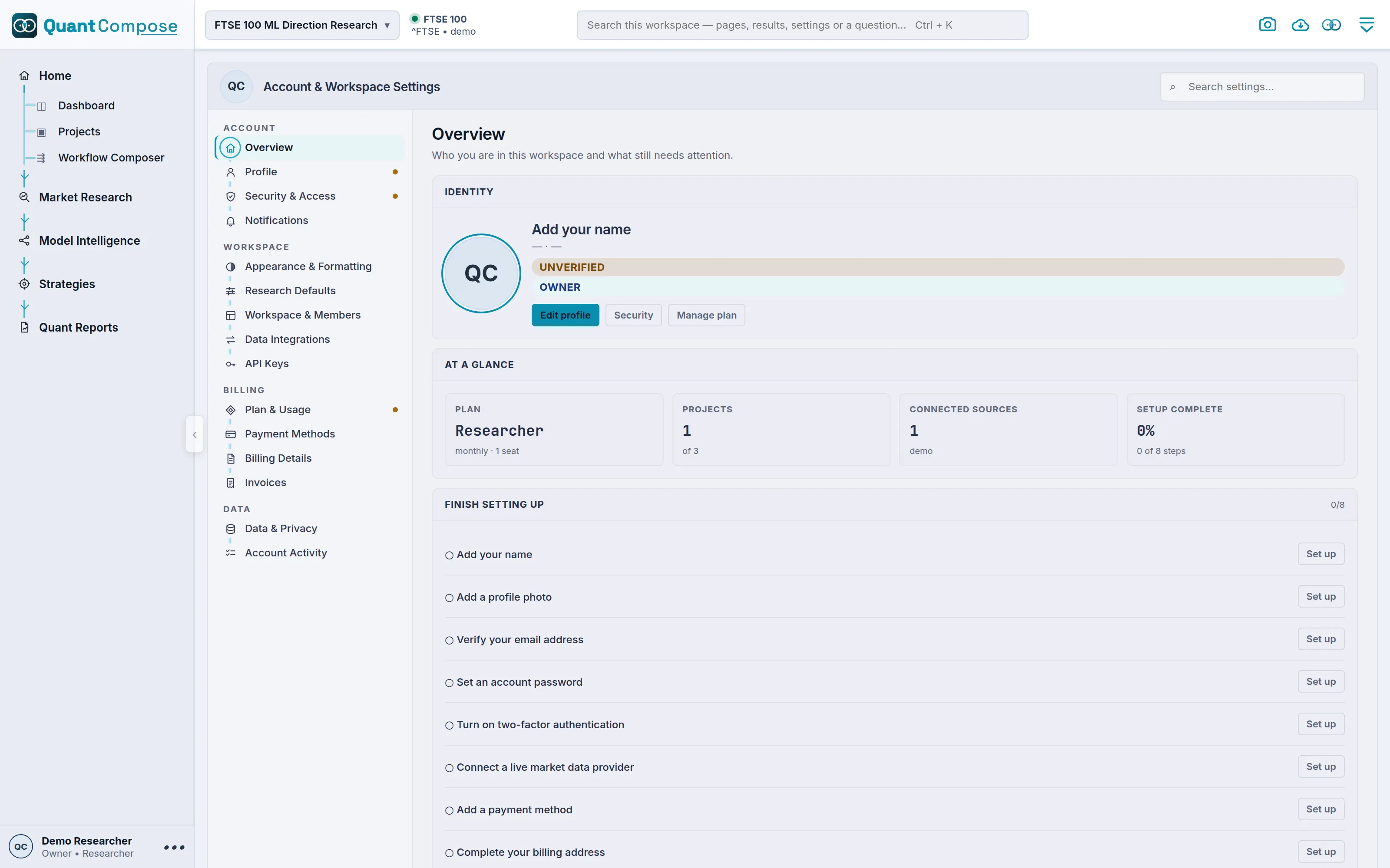 Settings page showing profile details, research defaults and connection status.